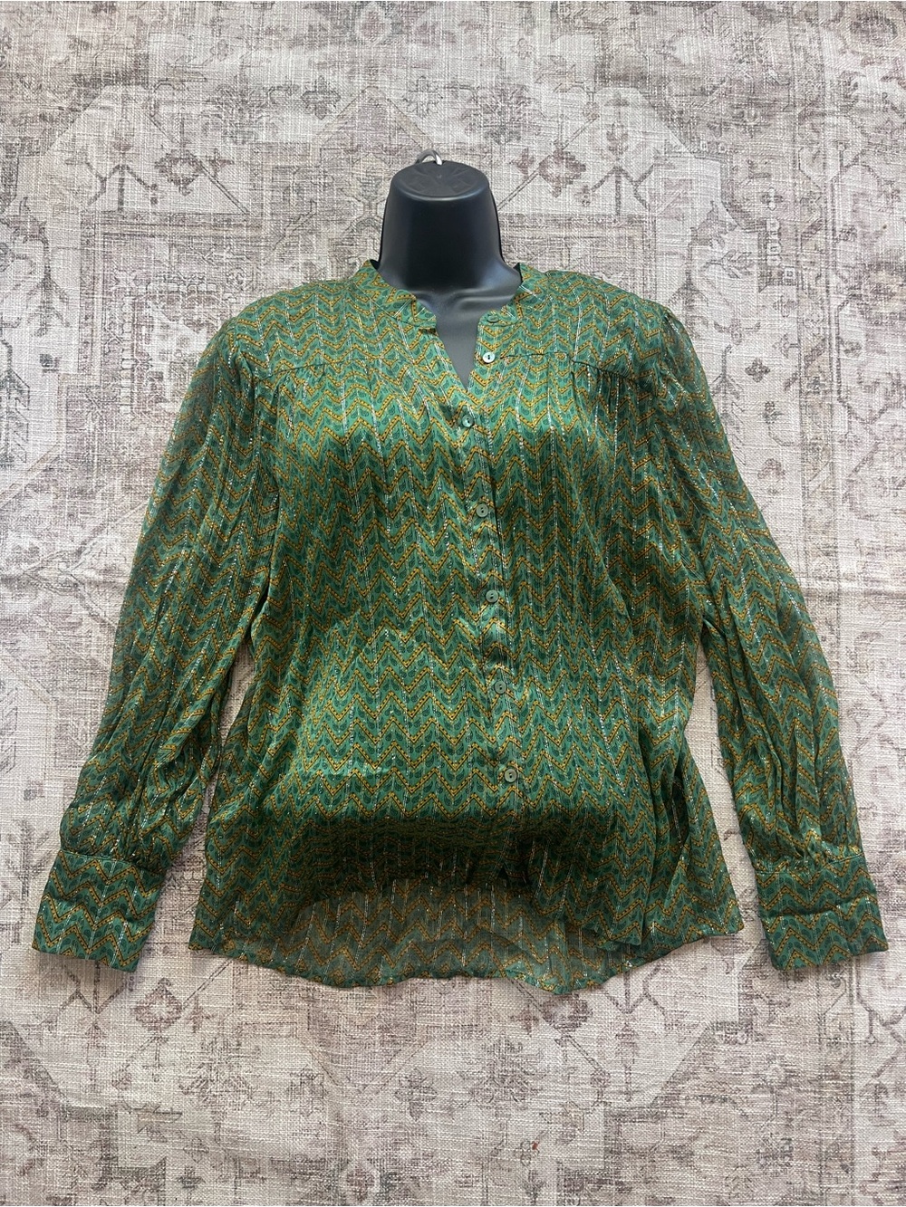 ba&sh Green Chevron Wize Ruffle-Neck Blouse - Picture 3 of 10